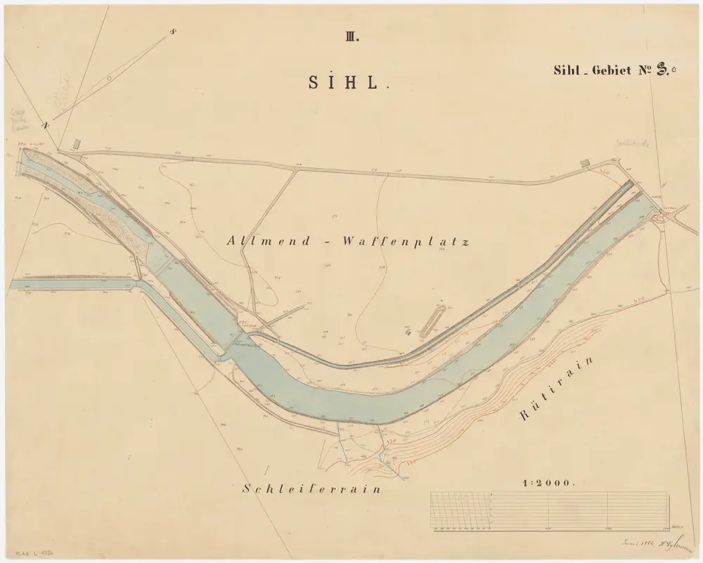 Wollishofen, Enge, Wiedikon: Sihl von der Höcklerbrücke bis zur eisernen Brücke bei der Brunau; Situationsplan (Sihl-Gebiet Nr. 3 c)