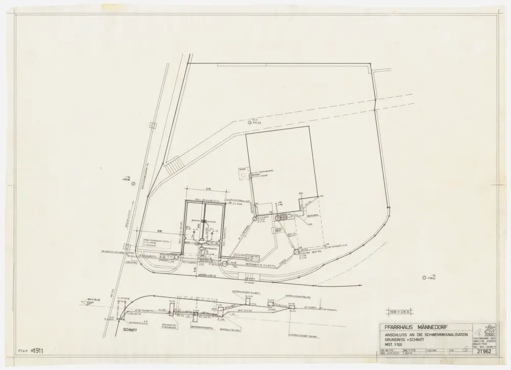 Männedorf: Pfarrhaus und Umgebung, Schwemmkanalisationsanschluss; Grundriss und Querschnitt der Kanalisation