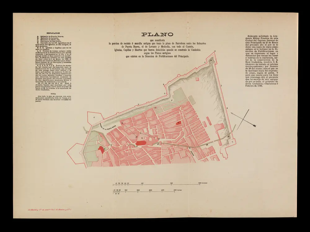 Plano que manifiesta la porcion de recinto o muralla antigua que tenia la plaza de Barcelona... Segun los planos antiguos que existen en la Direccin de Fortificaciones del Principado [1799]