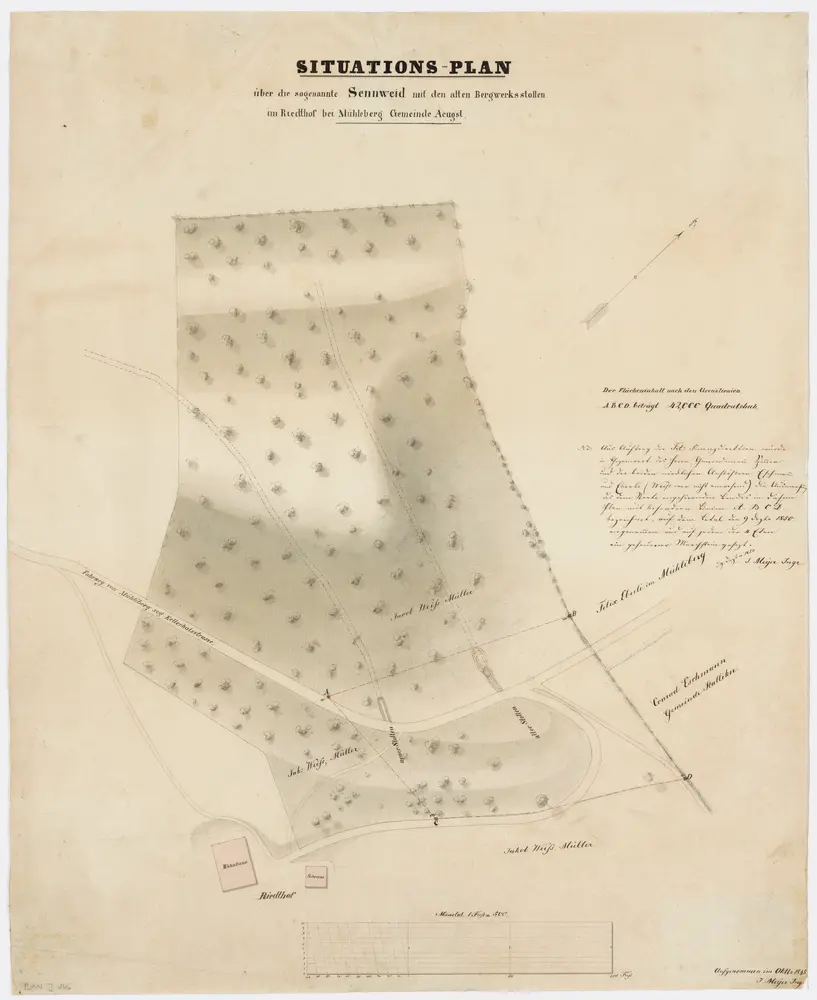 Aeugst am Albis: Kohlebergwerk Riedhof bei Müliberg, Sennweid mit Bergwerksstollen; Situationsplan