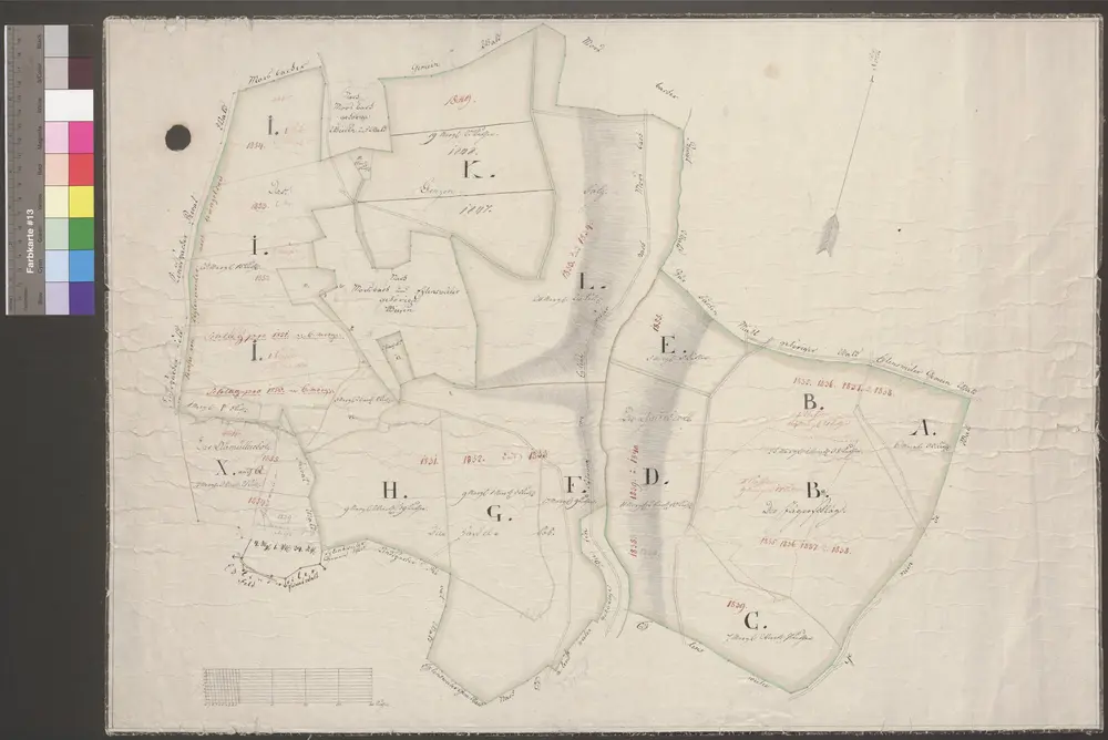 HZAN GA 100_Nr. 314_ : Oberhof (Kr. Öhringen); "Benzenholz";ohne Verfasser;40 Ruten = 9,4 cm;70 x 50,5 cm; Norden oben rechts;Papier auf Leinwand; Federzeichnung; Grenze farbig behandelt; Höhenschraffen.