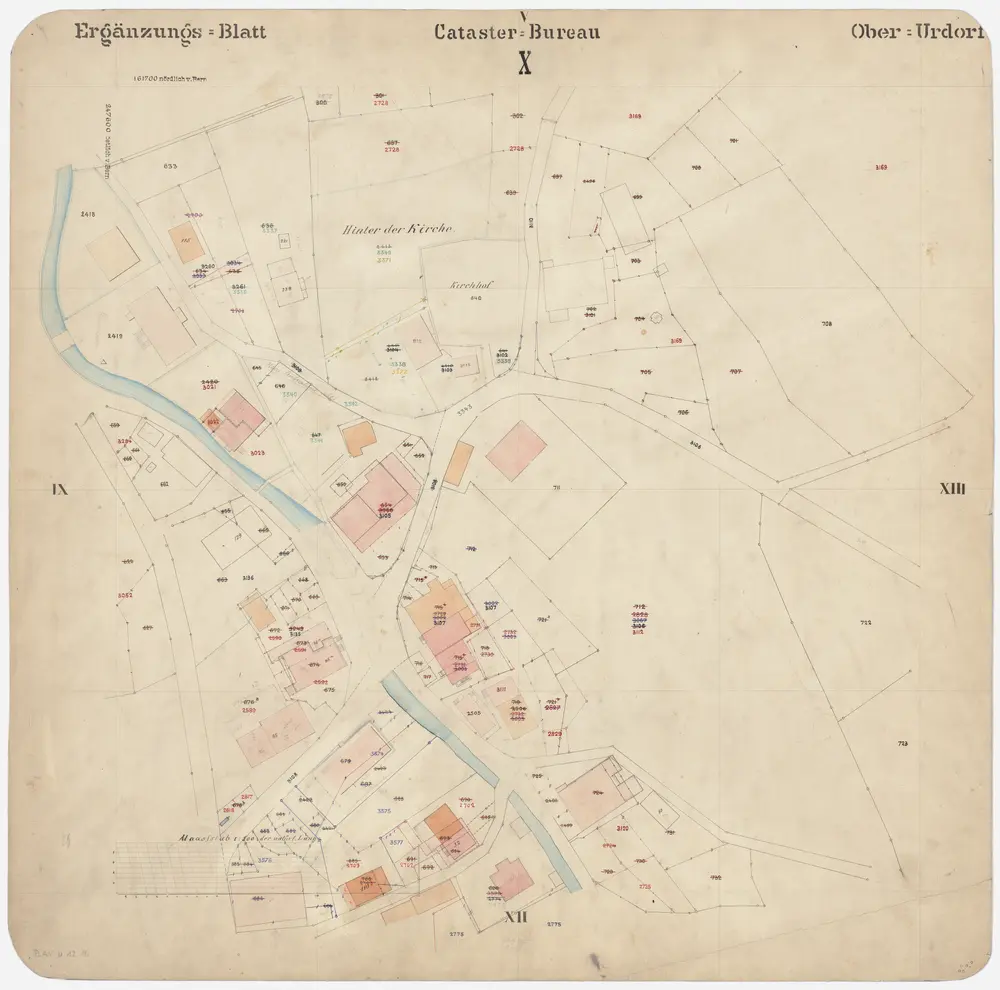Oberurdorf: Gemeinde; Kataster-Ergänzungspläne: Ergänzungsblatt X: Hinter der Kirche und Kirchhof; Situationsplan