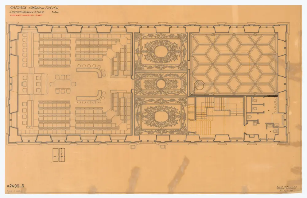 Rathaus: Bereinigte Baupolizeipläne; Grundrisse: 1. Stock; Grundriss und Stukkaturen