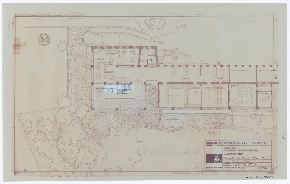 Kantonsschule Hottingen: Umbau der Mediothek; Ansicht und Grundrisse: Gartengeschoss; Grundriss