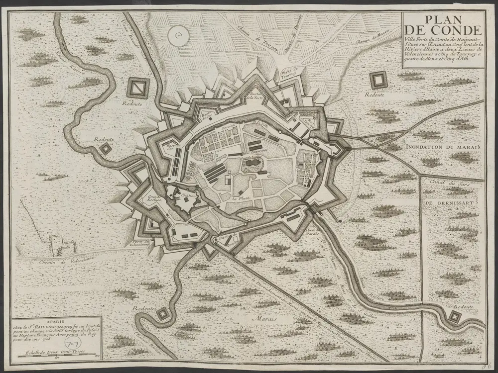 Plan de Conde: ville forte du Comté de Hainaut situee sur l'Escaut au conflent de la riviere d'Haine a deux lieues de Valenciennes a cinq de Tournay a quatre de Mons et cinq d'Ath