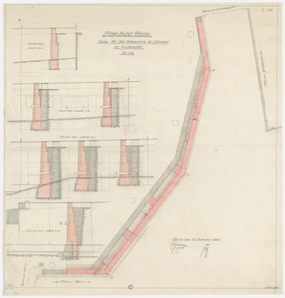 Pflegeanstalt Rheinau: Neuaufmauerung der Stützmauer am Gasthausplatz; Ansichten, Grundriss und Schnitte