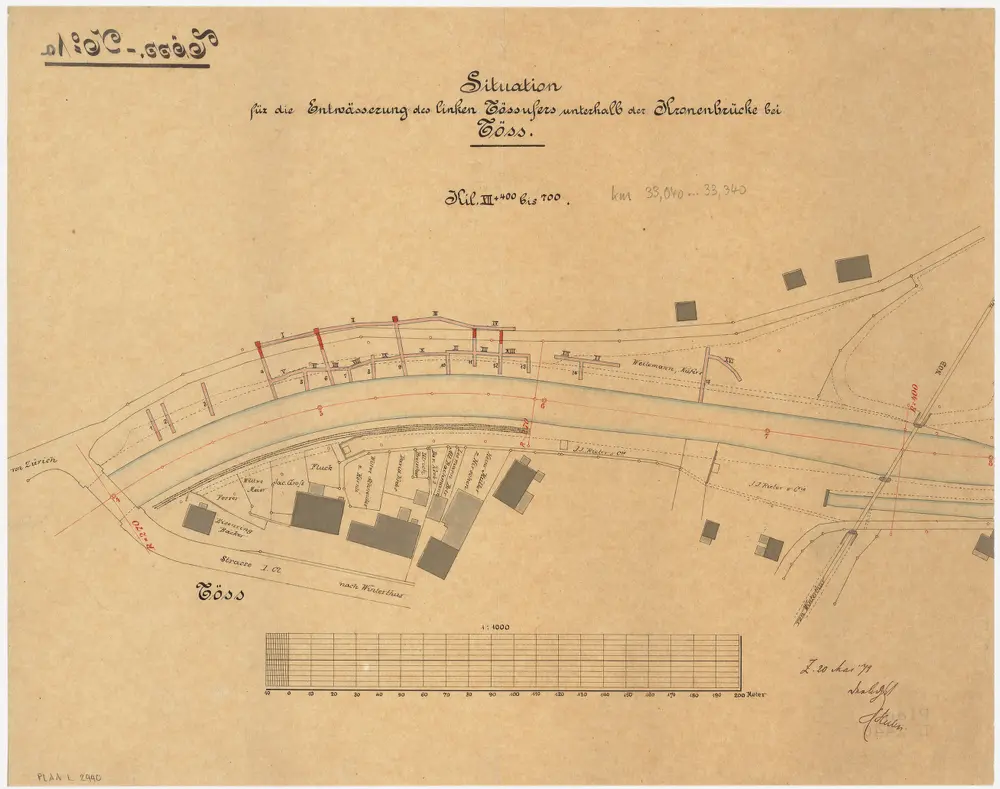 Töss: Unterhalb der Kronenbrücke, Entwässerung des linken Tössufers; Situationsplan (Töss-No. 1 a)