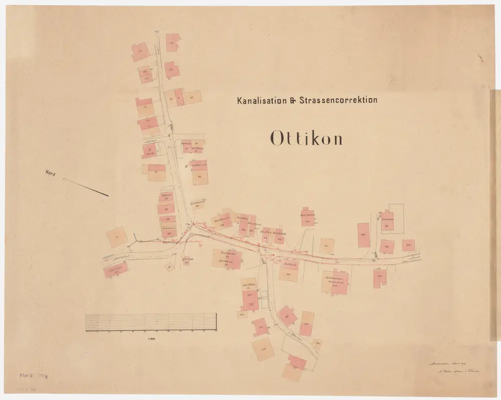 Illnau-Effretikon (damals Illnau): Kanalisation sowie Strassenkorrektion in Ottikon vor und nach der Projektdurchführung; Situationsplan