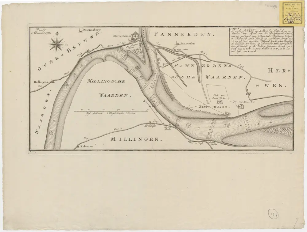 Kaart van de rivier de Waal boven en beneden den mond van het Pannerdensche Canaal, met de peilingen door Beyerinck, Bolstra en Veltgen in november 1766, gedaan op een waters-hoogte van 2Â¾ tot 2Â½ voet aan de peilschaal in Arnhem; beneffens de middelen t