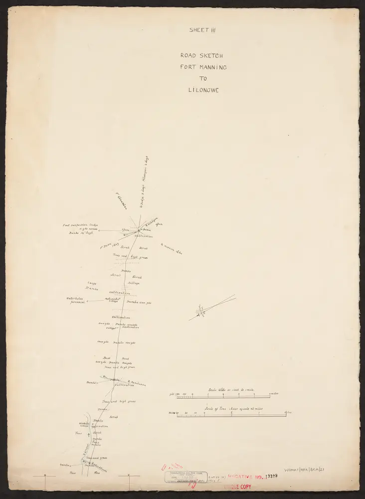 'Road Sketch Fort Manning to Lilongwe'. Signed by 'J.P.L. Mostyn Capt 1st. King's African Rifles 16th May 1904'