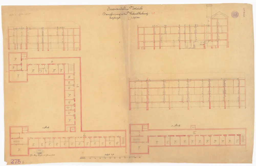 Irrenanstalt Burghölzli: Frauenabteilung E und F, 1. und 2. Stock; Dampfheizung; Grundrisse und Schnitte