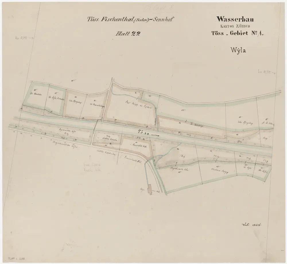 Wila: Töss von oberhalb bis unterhalb der neuen eisernen Brücke oberhalb Wila; Situationsplan (Töss-Gebiet Nr. 1, Blatt 22)