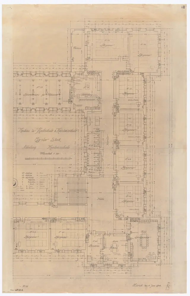 Universität Zürich (Chemisches Institut) und Kantonsschule Zürich, Neubau Rämistrasse 76: Grundrisse: Abteilung Kantonsschule, 1.Stock; Grundriss