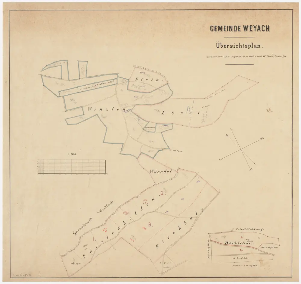 Weiach: Gemeindewaldung: Winzlen, Ebnet, Stein (Auf dem Stein), Wörndel, Fürstenhalden, Chilenholz (Kirchholz), Büechlihau (Büchlihau); Grundrisse