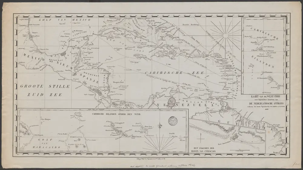 Kaart van de West-Indie : met bijzondere kaarten van de Nederlandsche Antilles volgens de beste Spaansche en andere gegevens