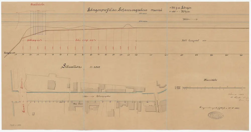 Enge: Schanzengraben vom Zürichsee bis zur Bleicherwegbrücke; Längsprofil und Situationsplan (Zürichsee-Gebiet Nr. 13 a)