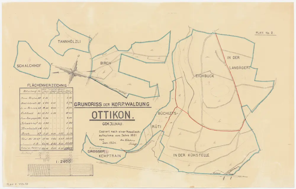 Illnau-Effretikon (damals Illnau): Gemeinde- und Genossenschaftswaldungen Ottikon: Genossenschaftswaldungen Schalchhof, Tannhölzli, Birch, Eich, Büechletsrüti (Büchletsrüti), Chlichämtrain (Klein Kemptenrein), Langägert, Kühstelle; Grundrisse (Nr. 2)