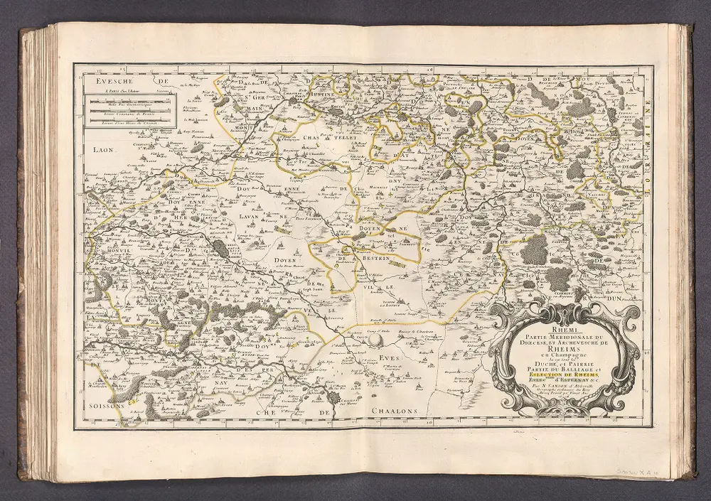 Rhemi -- Partie Meridionale du Dioecse. et Archevesche de Rheims en Champagne. la ou sont les Duche, et Pirrie Partie du Balliage et Eslection de Rheims, Eslection d'Espenary &c.