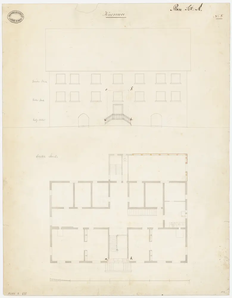 Knonau: Pfarrhaus; Grundriss des 1. Stocks und Südwestansicht (Nr. 8)