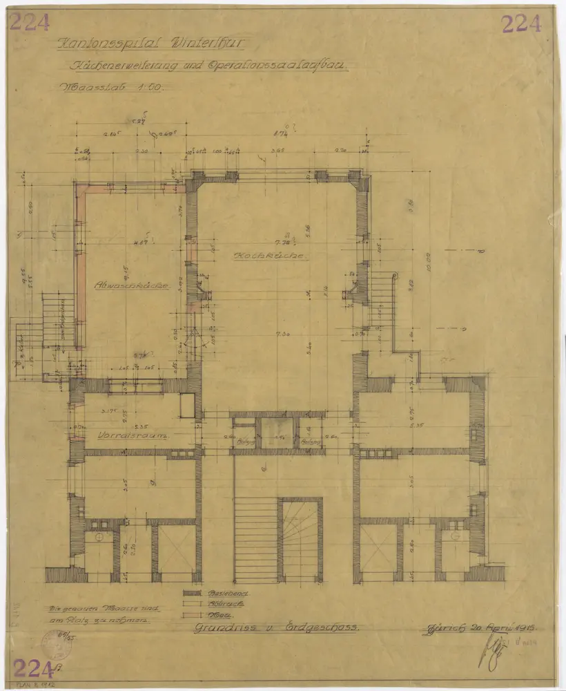 Winterthur: Kantonsspital, Hauptgebäude, Küchenerweiterung und Operationssaalaufbau, Erdgeschoss; Grundriss (Nr. 224)