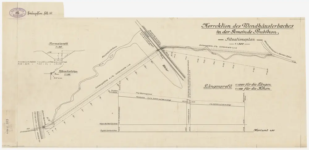 Bubikon: Wändhüslenbach samt Wasserwerkkanal der Firma Heusser-Staub, alter Lauf und Korrektion; Situationsplan, Längsprofil und Normalprofil