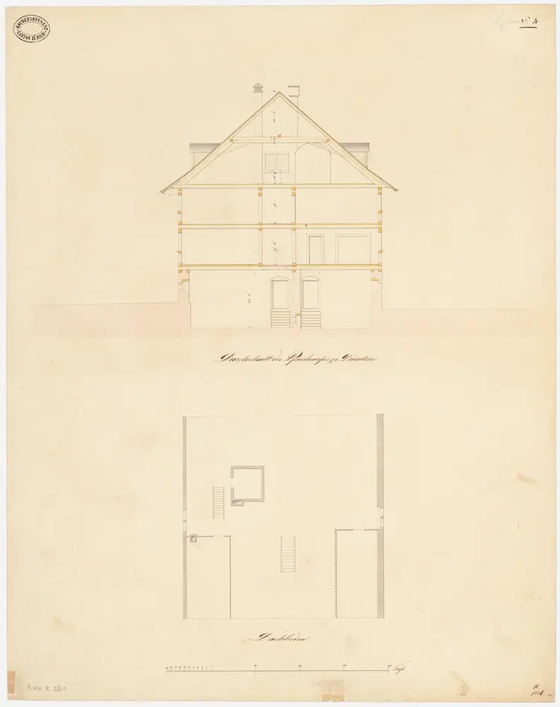 Dürnten: Pfarrhaus; Querschnitt, Grundriss des Dachgeschosses (Nr. 4)