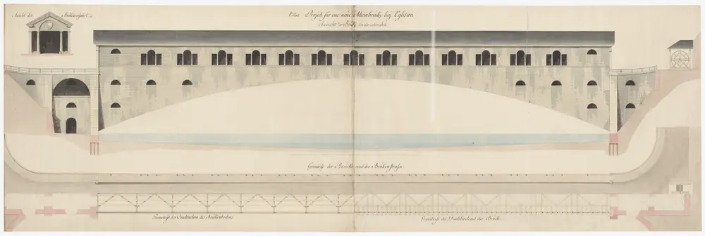 Eglisau: Projektierte Rheinbrücke, Brückenstrasse, Brückenboden und Brücken-Dachboden; Ansichten und Grundrisse