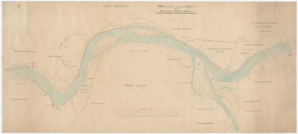 Marthalen bis Buchberg SH: Rhein von Ellikon am Rhein bis zur Mühle in Rüdlingen samt angrenzenden Gütern, projektierte Korrektion; Situationsplan (Rhein-Gebiet Nr. 6)