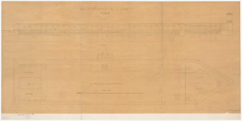 Schaffhausen: Unterhalb der Rheinbrücke, neue Badeanstalt, Projekt 2; Grundriss und Längsschnitt (Rhein-Gebiet Nr. 14 b)