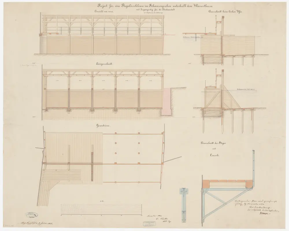 Zürich: Schanzengraben, projektierte Regulierschleuse unterhalb des Wasserturms; Ansicht, Grundriss, Längsschnitt und Querschnitte