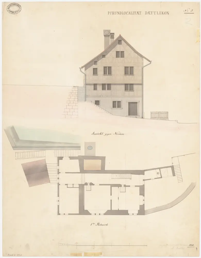 Dättlikon: Pfarrhaus; Nordansicht und Grundriss des 1. Stocks (Nr. 5)