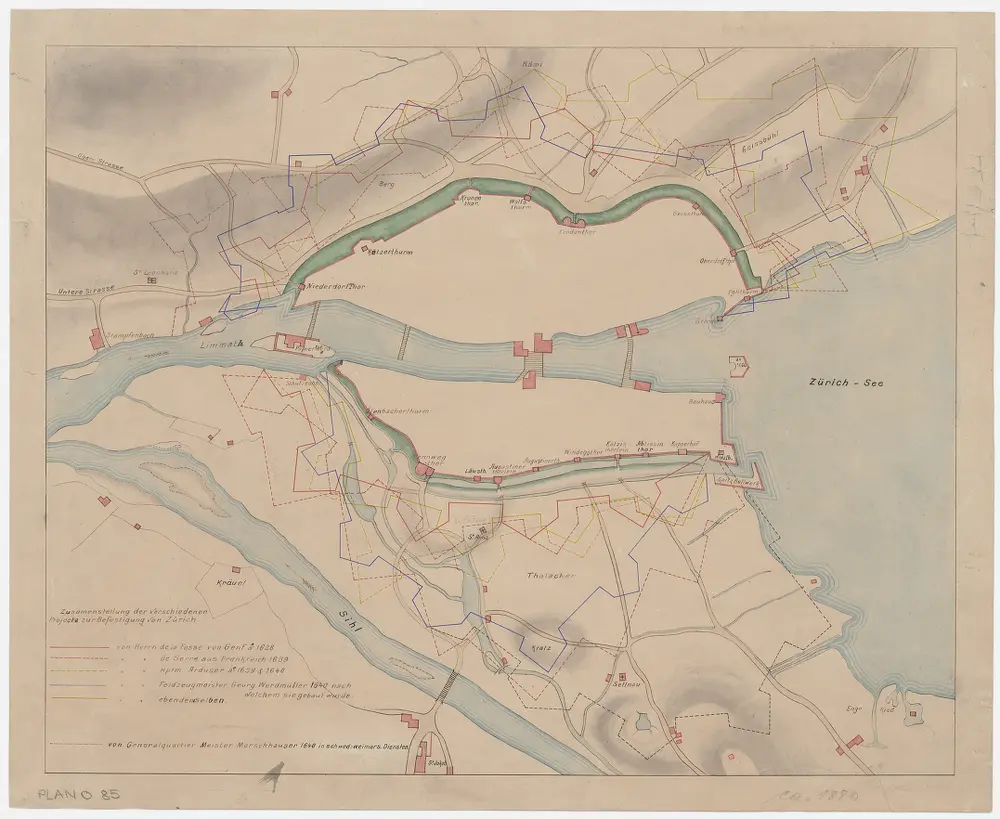 Zürich: Zusammenstellung der verschiedenen Projekte zur Befestigung von Zürich in den Jahren 1628-1640; Grundriss