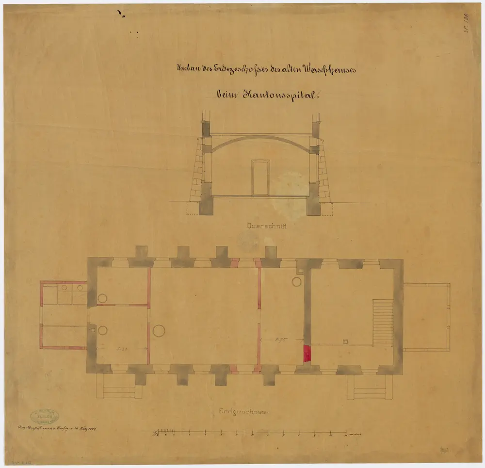 Fluntern: Kantonsspital, Waschhaus, Umbau Erdgeschoss; Grundriss und Querschnitt