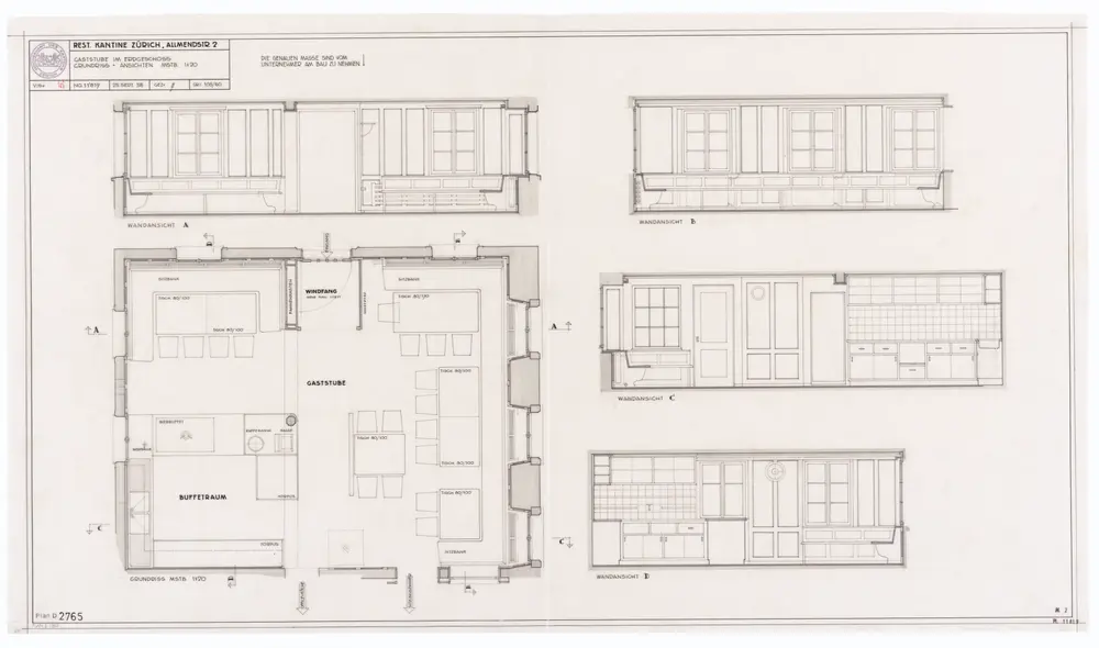 Restaurant Kantine, Allmendstrasse 2: Erdgeschoss, Gaststube; Wandansichten und Grundriss