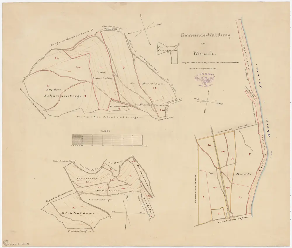 Weiach: Gemeindewaldung: Sanzeberg (Schanzenberg), Brunnhalden (Brunhalden), Stocki (Stockihau), Saxegrabe (Saxengraben), Frankhalden (Frankenhalden), Tüchelfören (In Teuchelfohren), Müliboden (Mühleboden), Stadlerberg (Stadelberg), Eichhalden, Haggenberg, Maas (Moosholz), Hard, Rihalden (Rheinhalde); Grundrisse