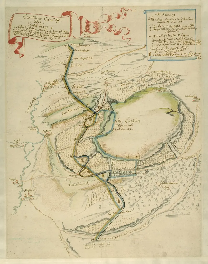 HZAN GA 100_Nr. 446_ : Windischenbach (Kr. Öhringen); "Eigentlicher Entwurf des Lindelbergs";ohne Verfasser;ohne Maßstab [10 cm = 1 km];43 x 55 cm; Norden oben;Papier; Wasserfarben; Marksteine besonders hervorgehoben, mit Nummern und Buchstaben versehen; Idealperspektive; Eintrag der Felder, Wälder, Weinberge und Weiden.