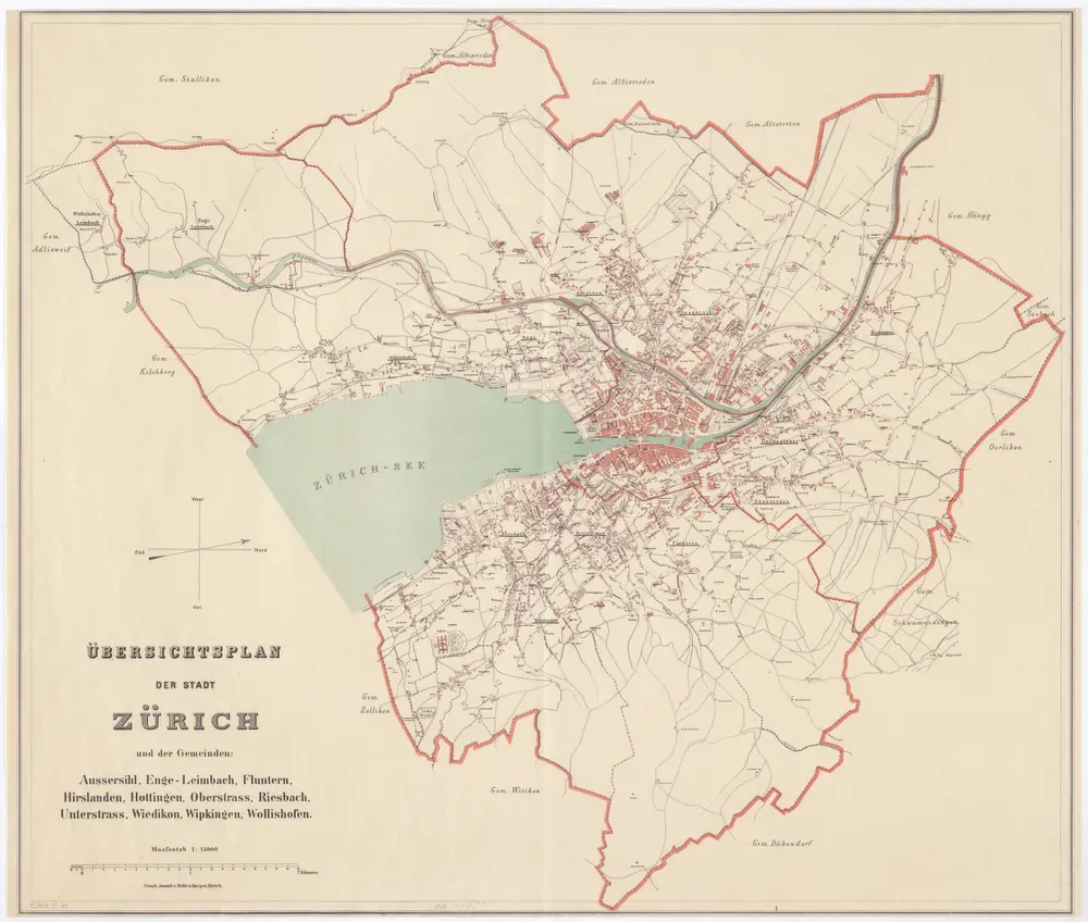 Übersichtsplan der Stadt Zürich mit den im Rahmen der ersten Eingemeindung von 1893 hinzugekommenen ehemals selbstständigen Gemeinden Aussersihl, Enge-Leimbach, Fluntern, Hirslanden, Hottingen, Oberstrass, Riesbach, Unterstrass, Wiedikon, Wipkingen, Wollishofen