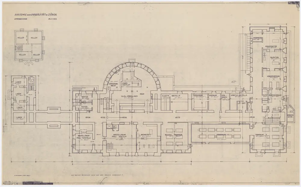 Zürich: Universität, Anatomie, Untergeschoss; Grundriss
