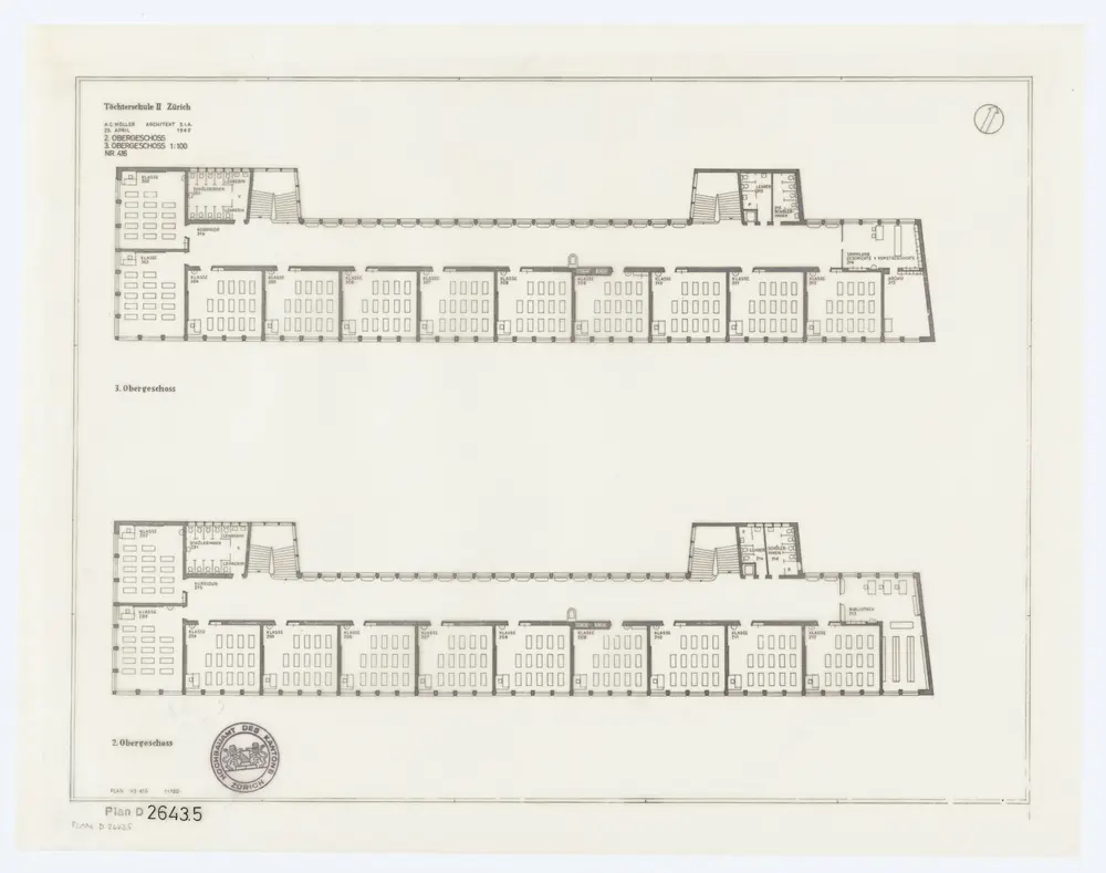 Kantonsschule Hottingen (Töchterschule II Zürich): Fassaden, Grundrisse, Schnitte: 2. und 3. Stock; Grundriss