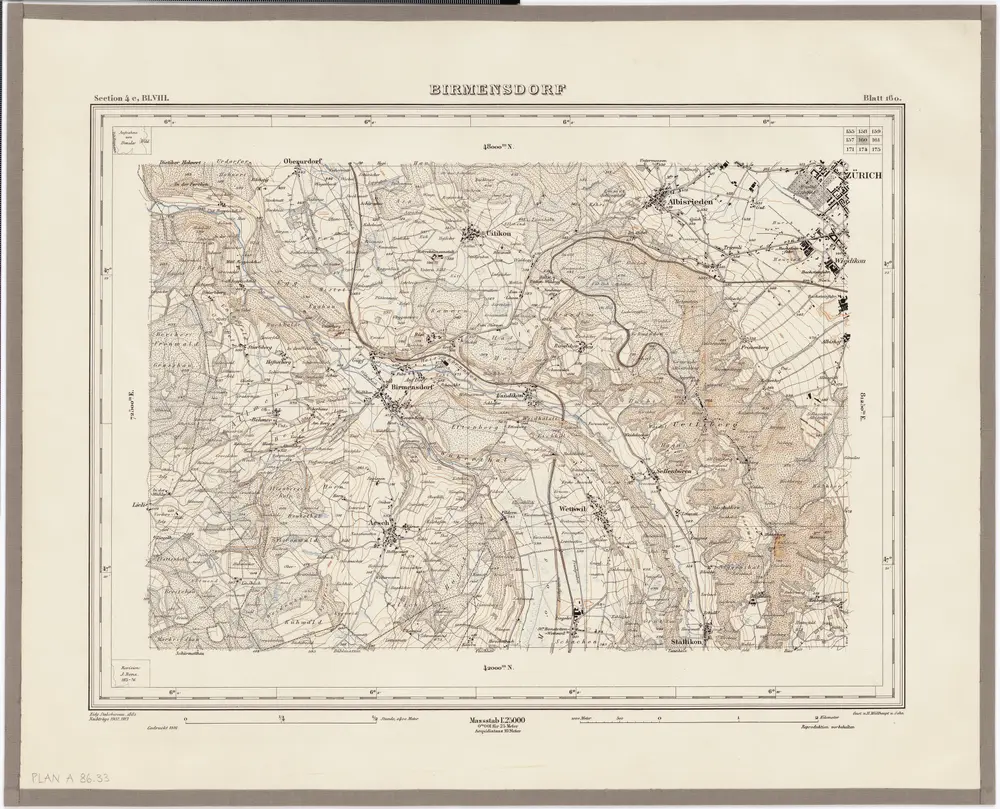 Topographischer Atlas der Schweiz (Siegfried-Karte): Den Kanton Zürich betreffende Blätter: Blatt 160: Birmensdorf