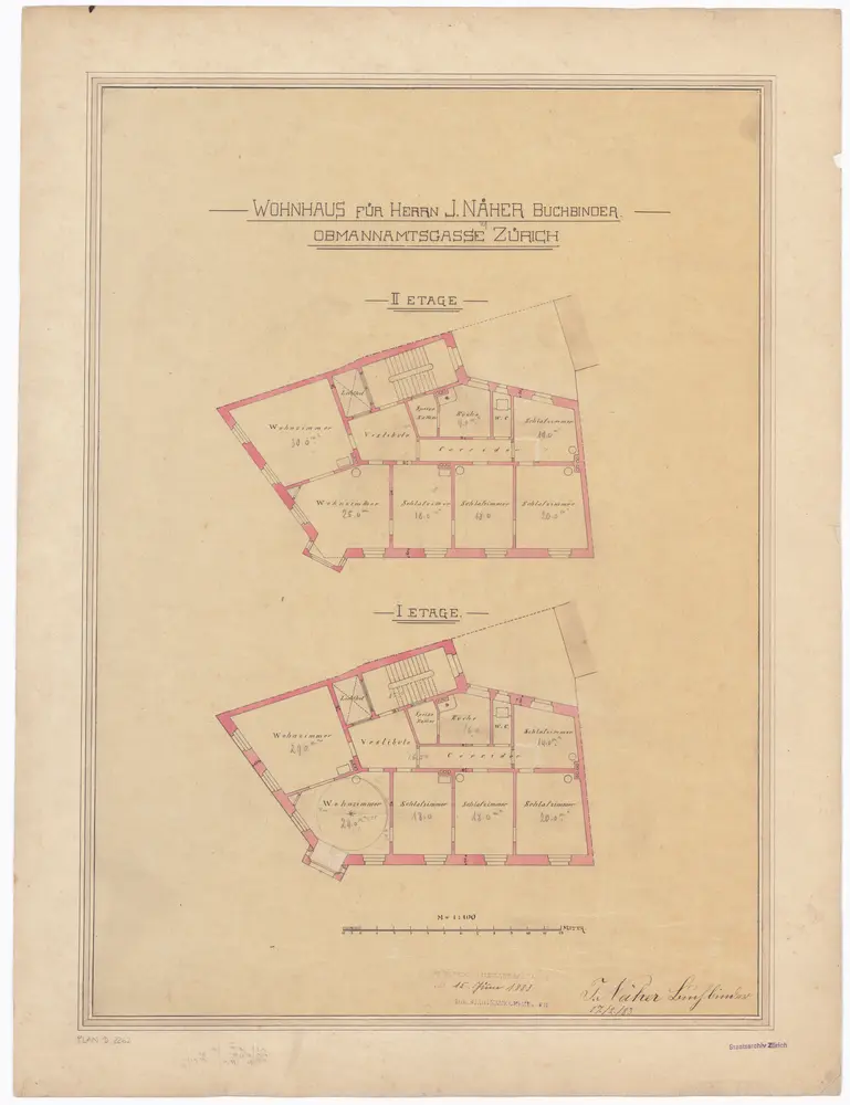 Neubau des J. Naeher, Obmannamtsgasse 21: 1. und 2. Stock; Grundrisse