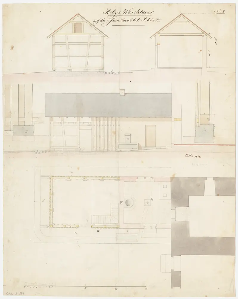 Schlatt: Holz- und Waschhaus; Grundriss, Ansichten, Detailansichten der Wand und Querschnitt (Nr. 8)