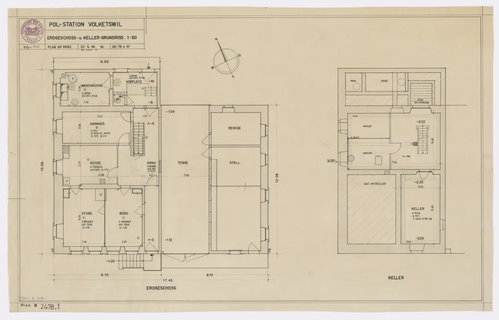 Volketswil: Polizeistation, Erdgeschoss und Keller: Variante 1; Grundrisse