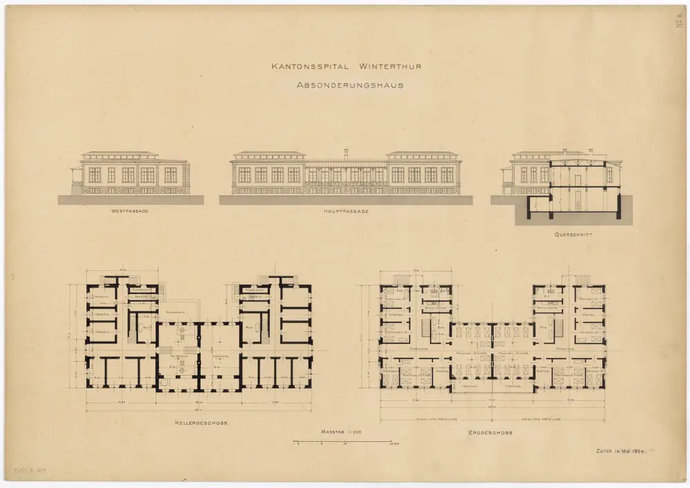 Winterthur: Kantonsspital, Absonderungsgebäude; Ansichten, Grundrisse und Querschnitt (Nr. 8)