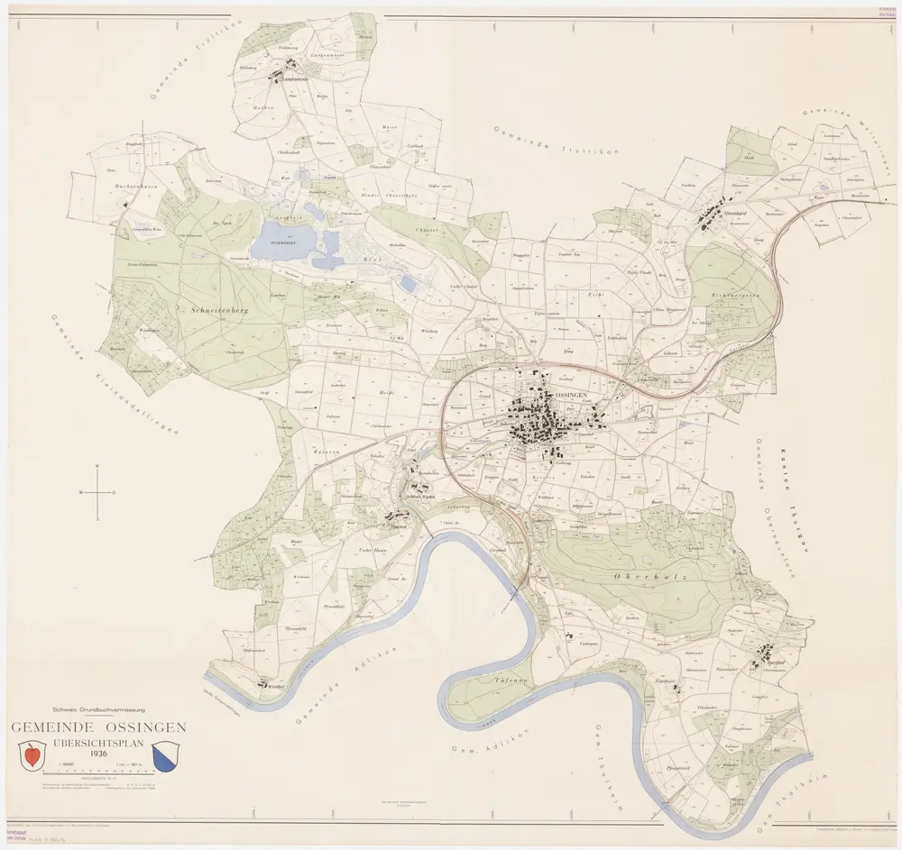 Ossingen: Gemeinde- und Staatswaldungen: Gemeinde; Übersichtsplan (Schweizerische Grundbuchvermessung)