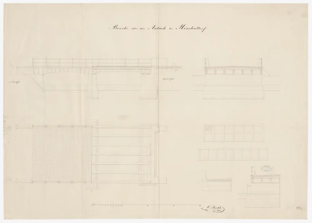 Mönchaltorf: Brücke über den Aabach; Seitenansicht, Grundriss und Schnitte