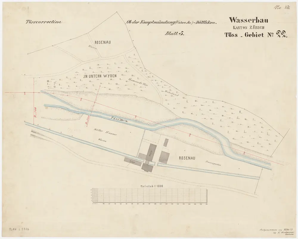 Töss: Unterhalb der Brücke der Schweizerischen Nordostbahn NOB und der Schweizerischen Nordbahn SNB, Tösskorrektion; Situationsplan (Töss-Gebiet Nr. 22, Blatt 5)