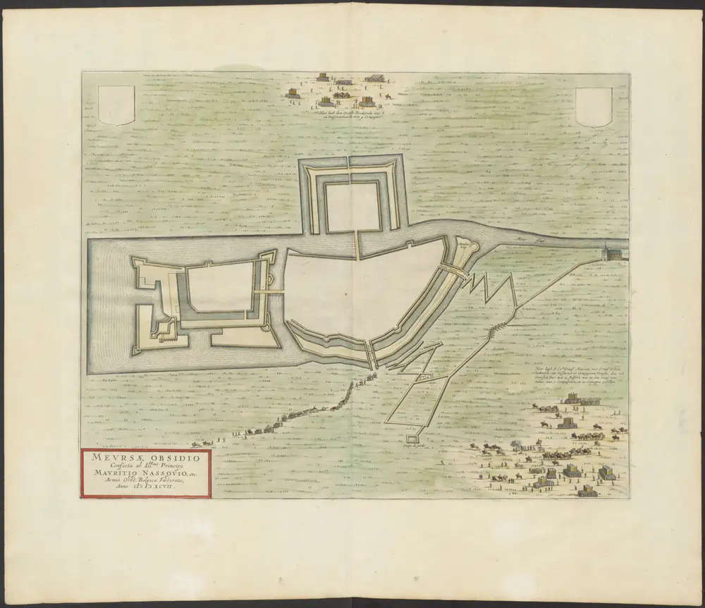 MEVRSÆ OBSIDIO | Confecta ab Ill.mo Principe | MAVRITIO NASSOVIO, etc. | Armis Ordd. Belgicæ Foederatæ, | Anno MDXCVII.