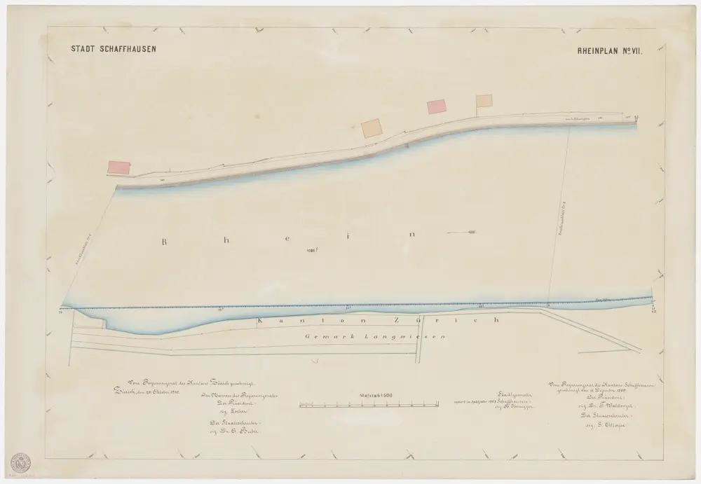 Feuerthalen, Flurlingen, Schaffhausen: Grenze zwischen den Kantonen Zürich und Schaffhausen beim Rhein zwischen Langwiesen und Flurlingen; Grundrisse: Blatt 7: Kantonsgrenze zwischen Schaffhausen und Langwiesen; Grundriss