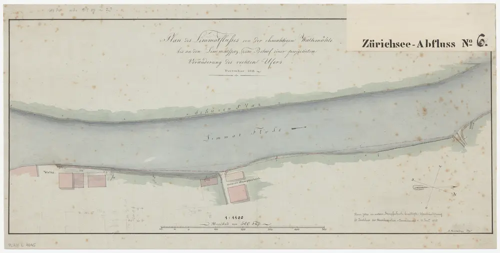 Aussersihl, Unterstrass: Limmat von der ehemaligen Walkmühle bis an den Limmatspitz, projektierte Veränderung des rechten Ufers; Situationsplan (Zürichsee-Abfluss Nr. 6)